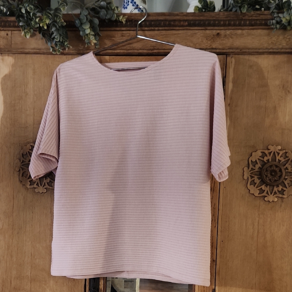 CLARA SUNWOO Light Pink Ribbed Short Sleeve Top